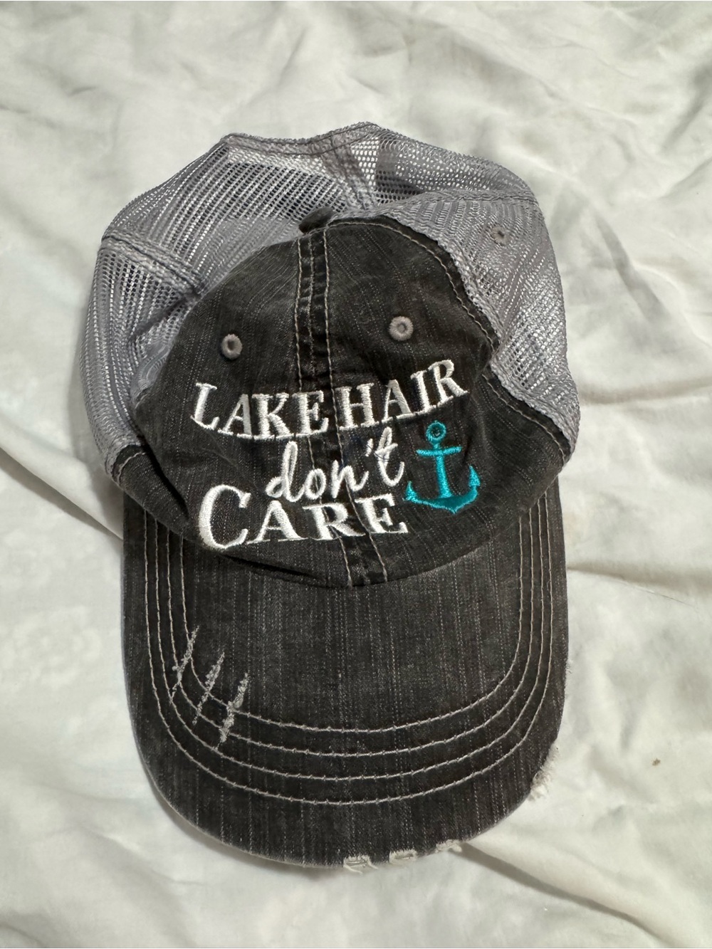 Embroidered Gray 'Lake Hair Don't Care' Trucker Hat with Teal Anchor